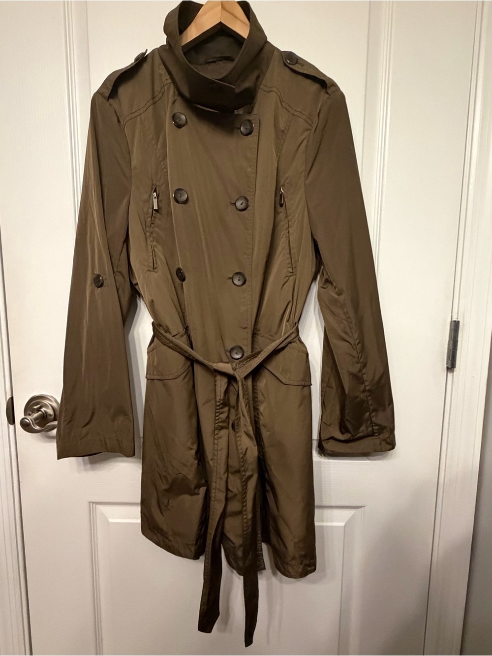 French Connection On Trend Funnel Neck Women’s Olive Belted Trench Coat XL